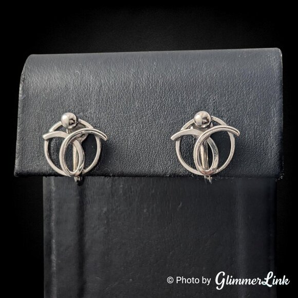 Vintage 1950s Alice Silver Tone Modernist Screw Back Earrings Signed - Picture 3 of 8